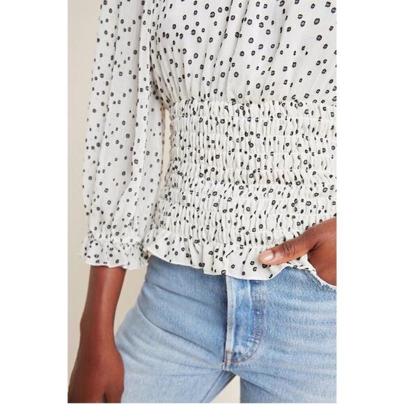 Anthropologie Lucia Black White Polka Dot Smocked Off Shoulder Blouse Top Small - Picture 10 of 16